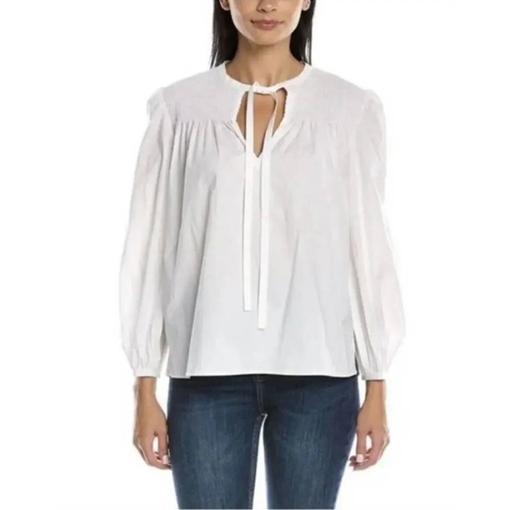 Derek Lam 10 Crosby Austin Smocked Women's 6 Optic White Long Sleeve Blouse NWT